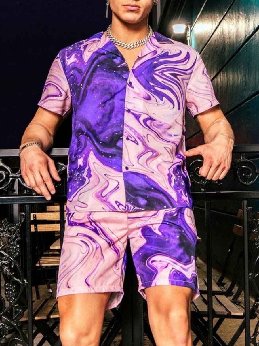 

LW Men Casual Whirlpool Drawstring Purple Two Piece Shorts Set
