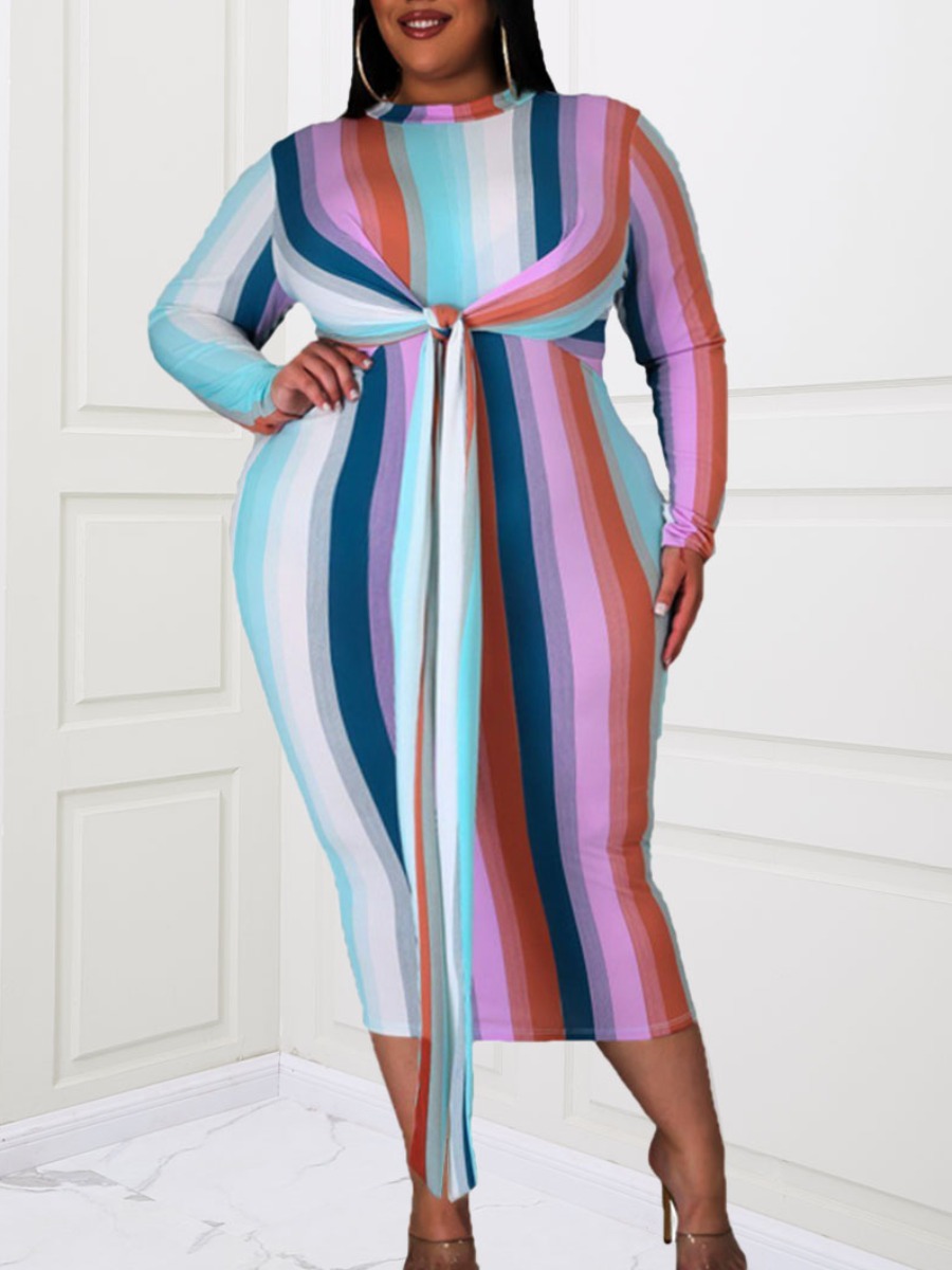 

Lovely Casual Striped Bandage Design Baby Blue Mid Calf Plus Size Dress
