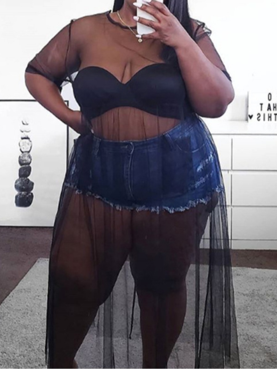 

Lovely Sexy O Neck See-through Black Ankle Length Plus Size Dress