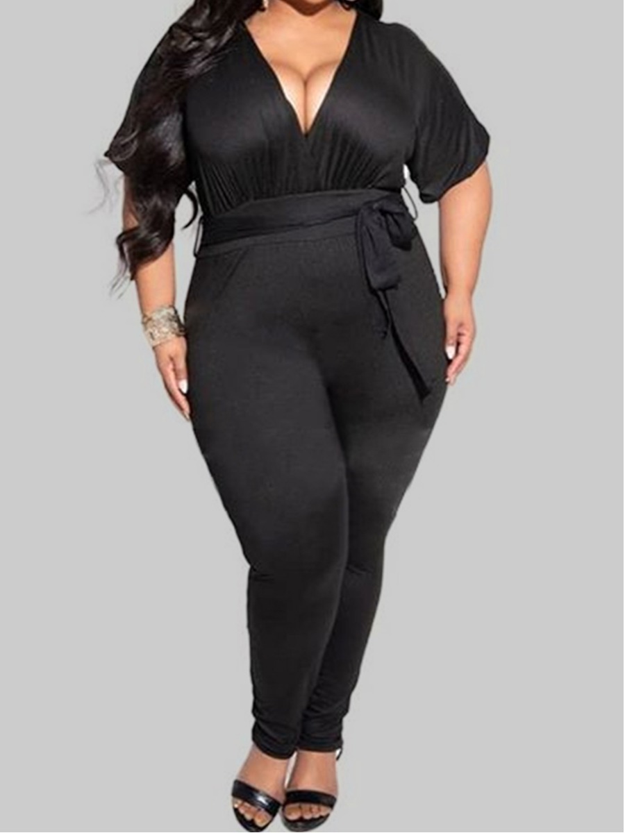 

Lovely Casual V Neck Bandage Design Black Plus Size One-piece Jumpsuit