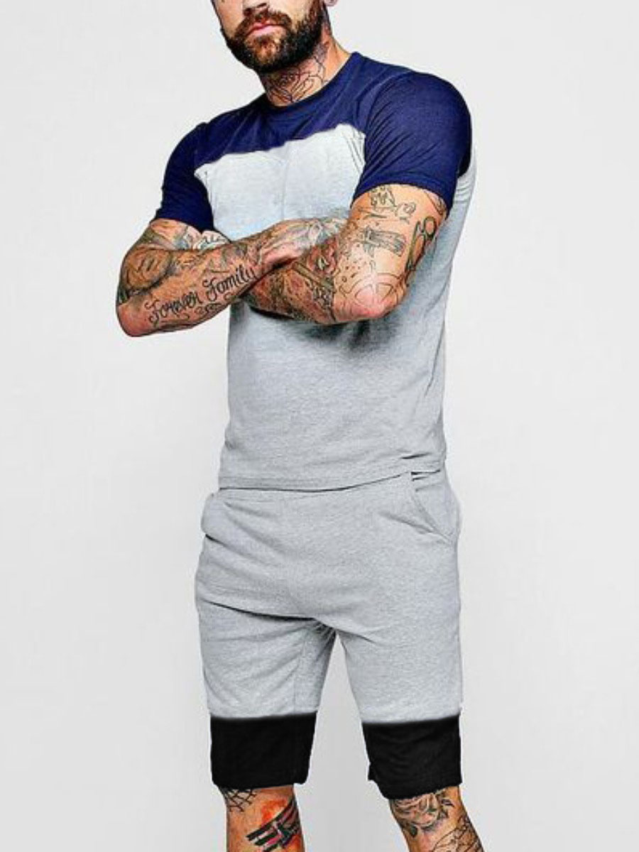 

Lovely Men Casual O Neck Color-lump Grey Two Piece Shorts Set