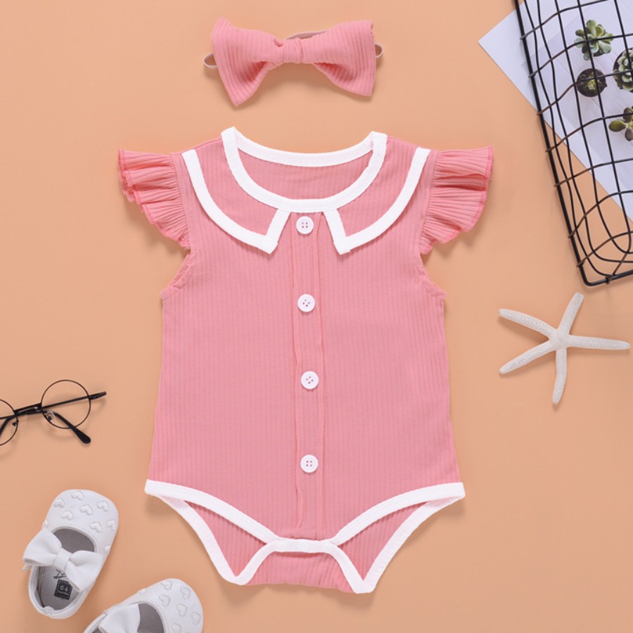 

Lovely Girl Sweet Rib-Knit Flounce Design Pink One-piece Romper