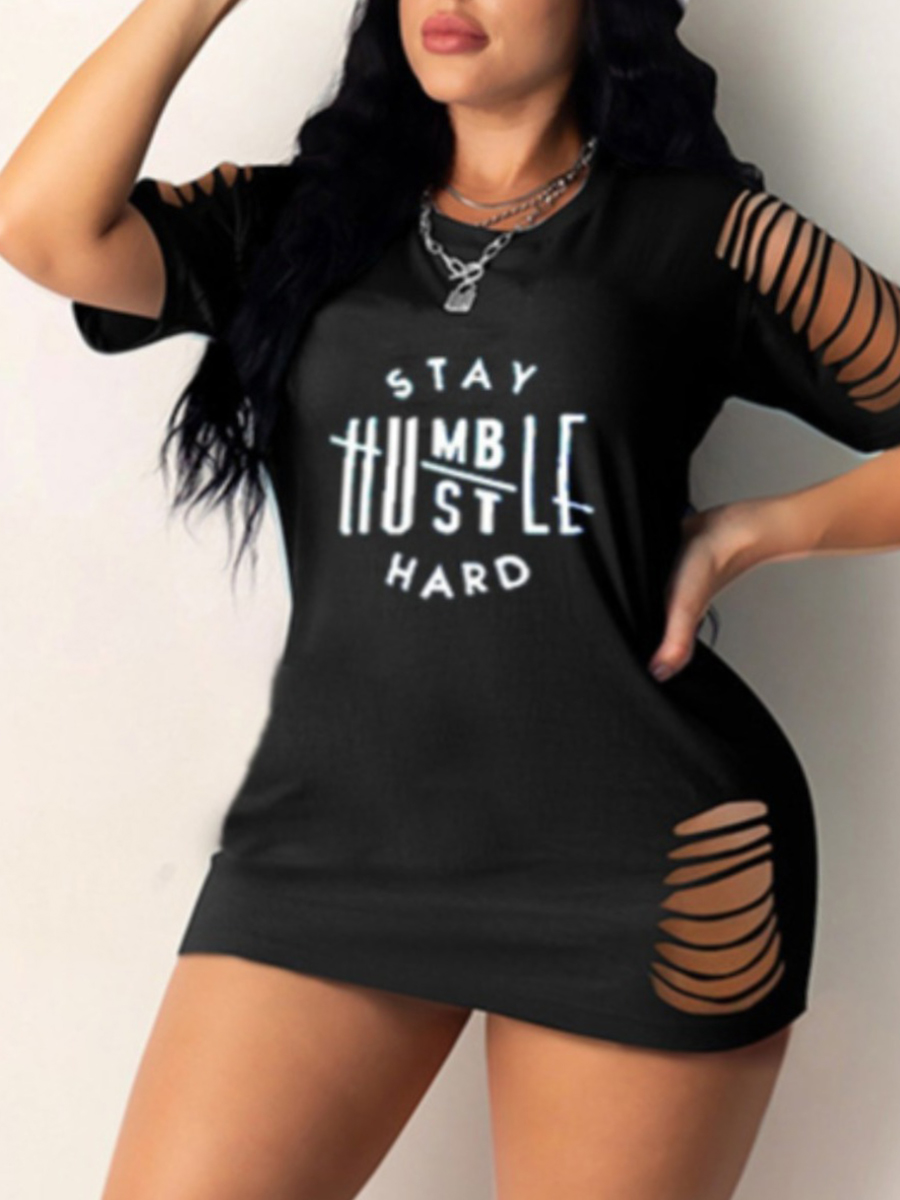 

Lovely Plus Size Street Letter Print Ripped Black Mini Dress