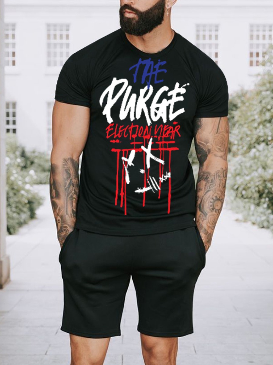 

Lovely Men Casual O Neck Letter Print Black Two Piece Shorts Set