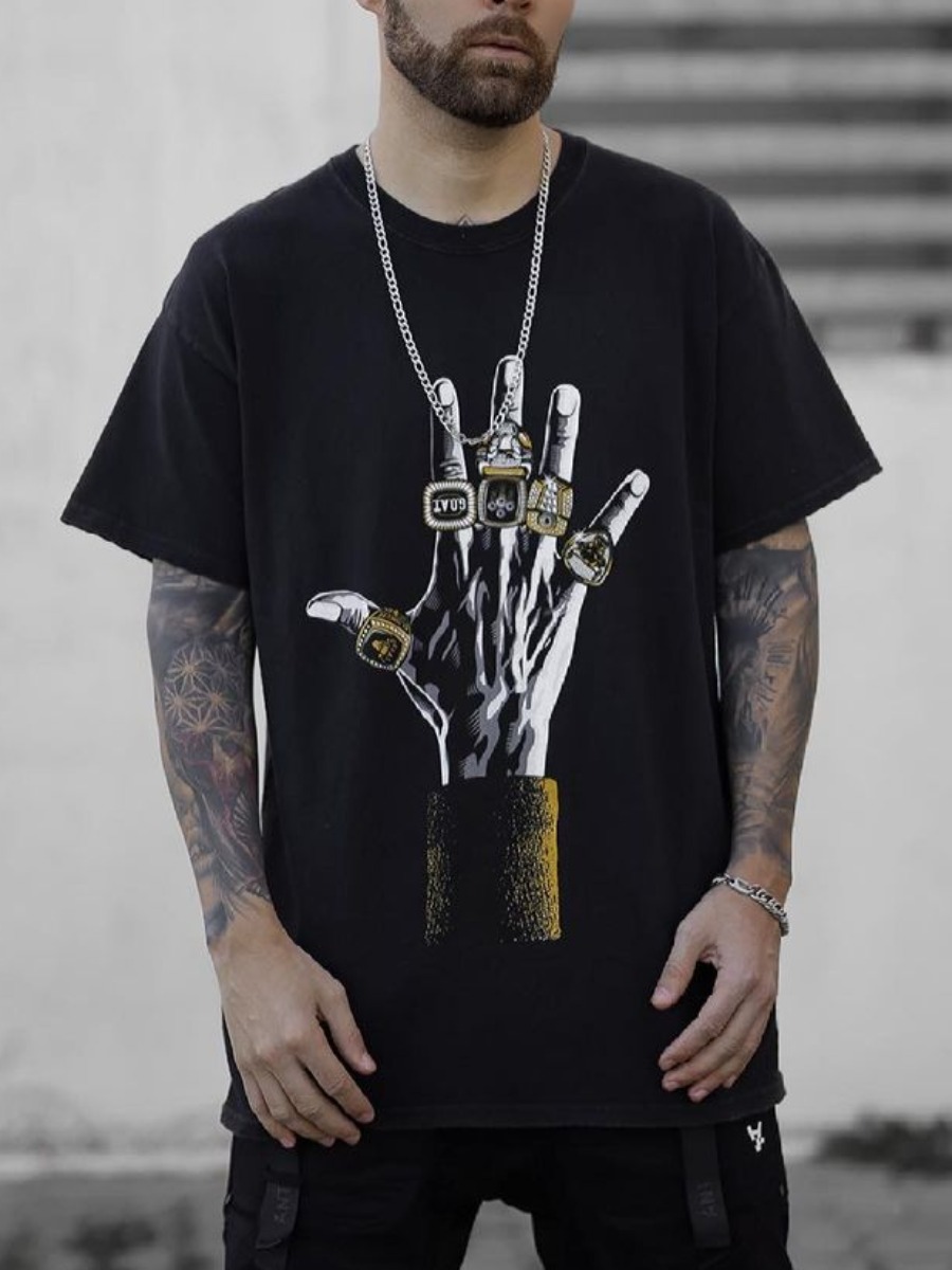 

Lovely Men Casual O Neck Hand Print Black T-shirt
