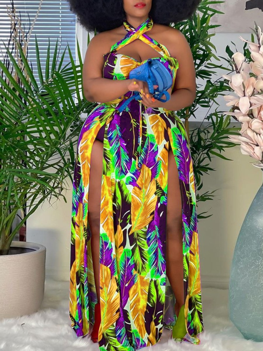 

LW Plus Size Boho Floral Print Split Yellow Floor Length Dress