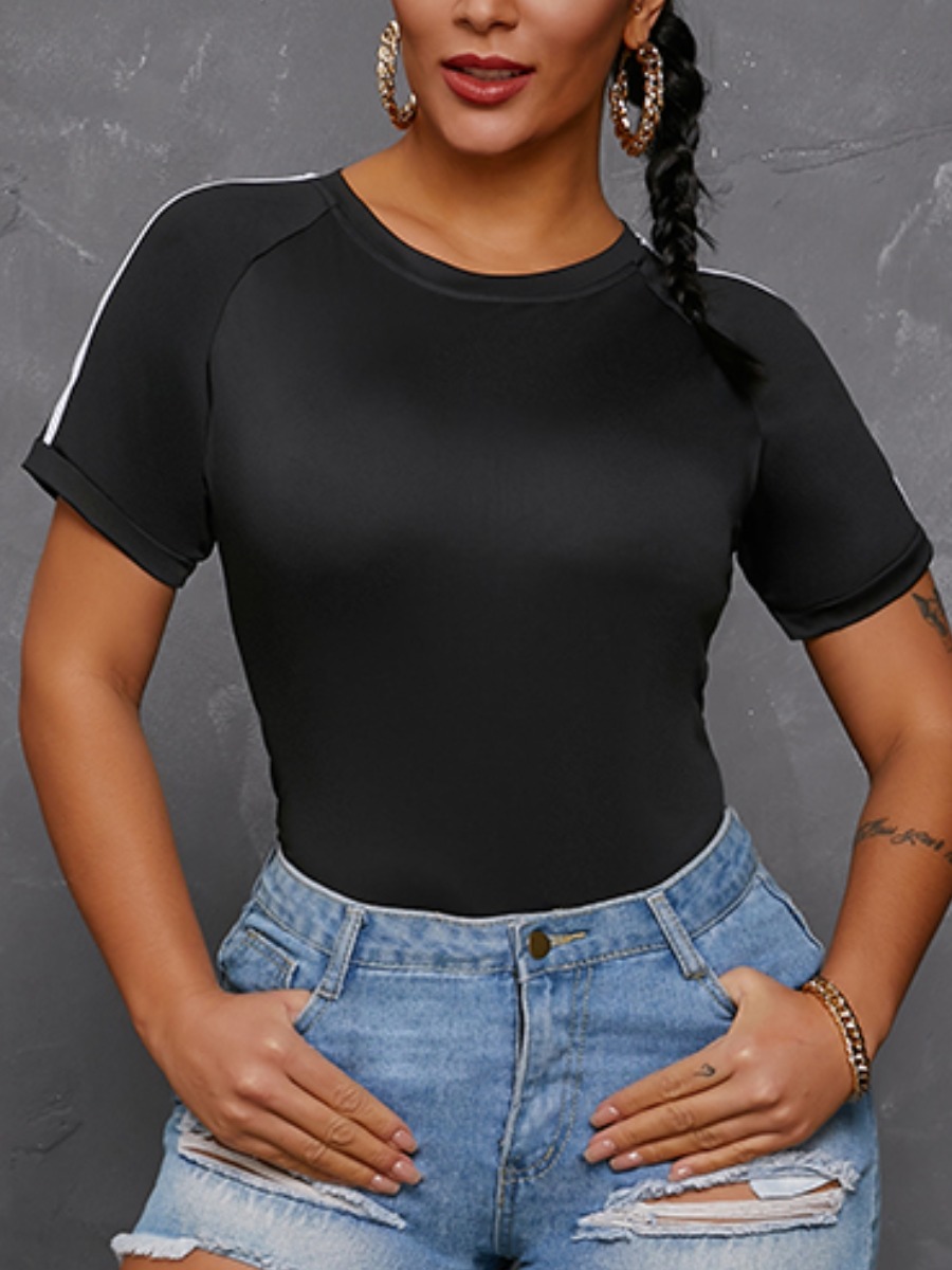 

Lovely Casual O Neck Striped Black Bodysuit