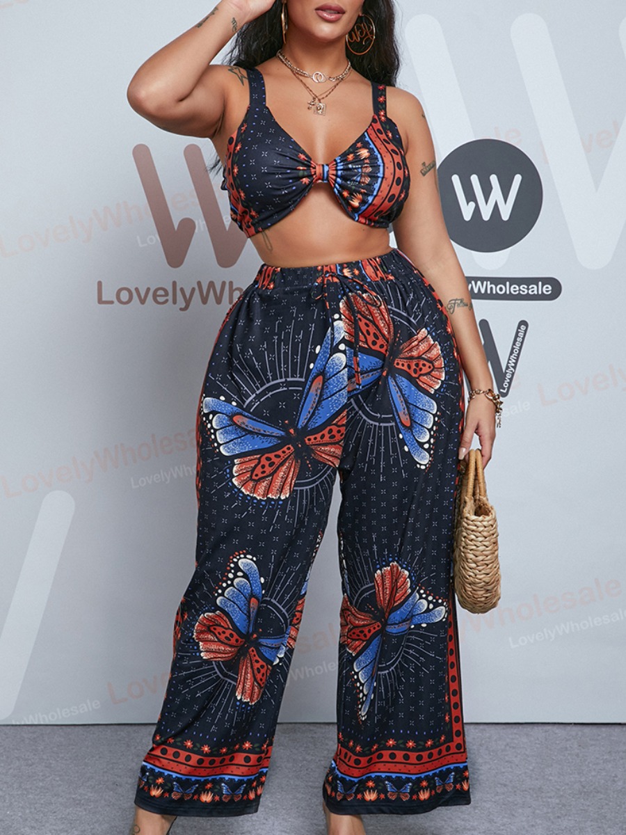 

LW Boho V Neck Butterfly Print Black Two Piece Pants Set