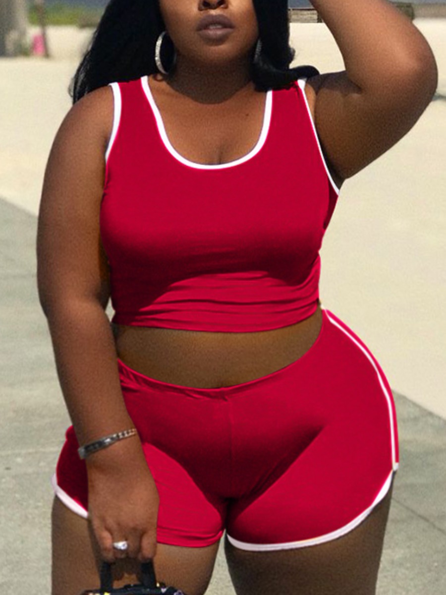 

Lovely Plus Size Sporty U Neck Striped Wine Red Two-piece Shorts Set