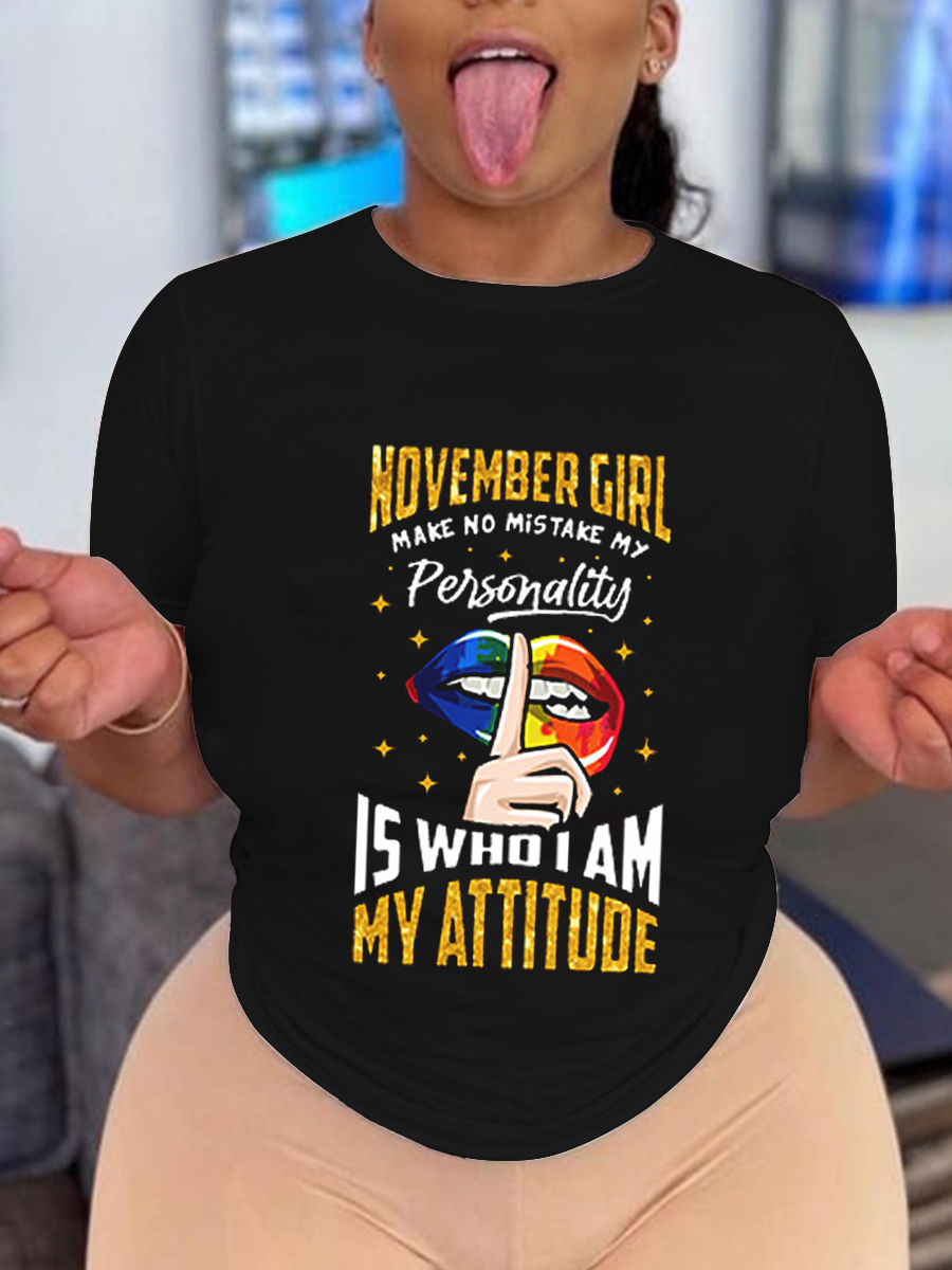 

Lovely Plus Size Casual Lip Letter Print Black T-shirt