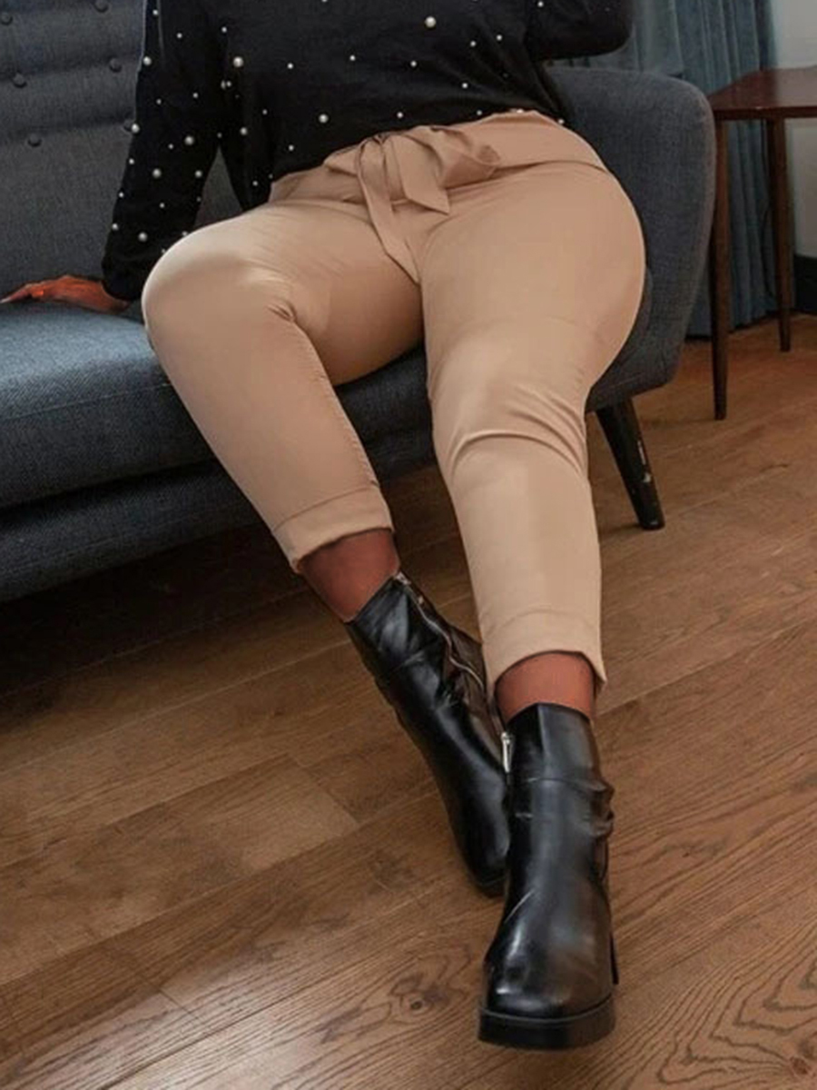 

Lovely Plus Size Casual Mid Waist Bandage Design Khaki Pants