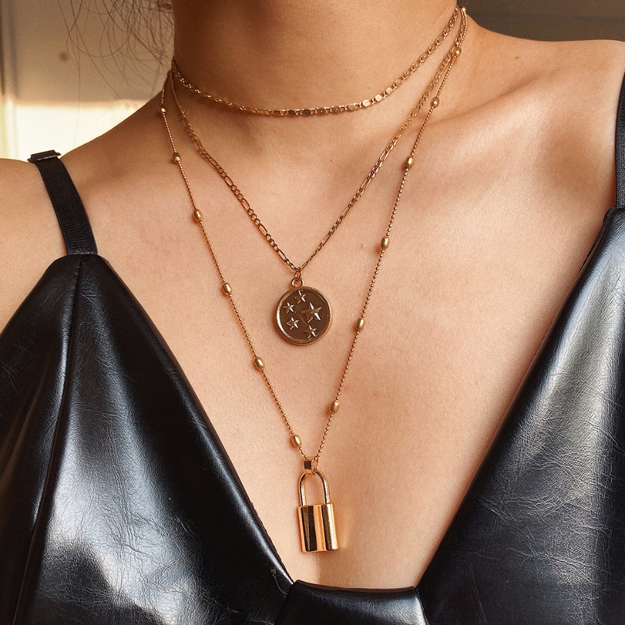 

Lovely Casual Padlock Coin Gold Multilayer Necklace