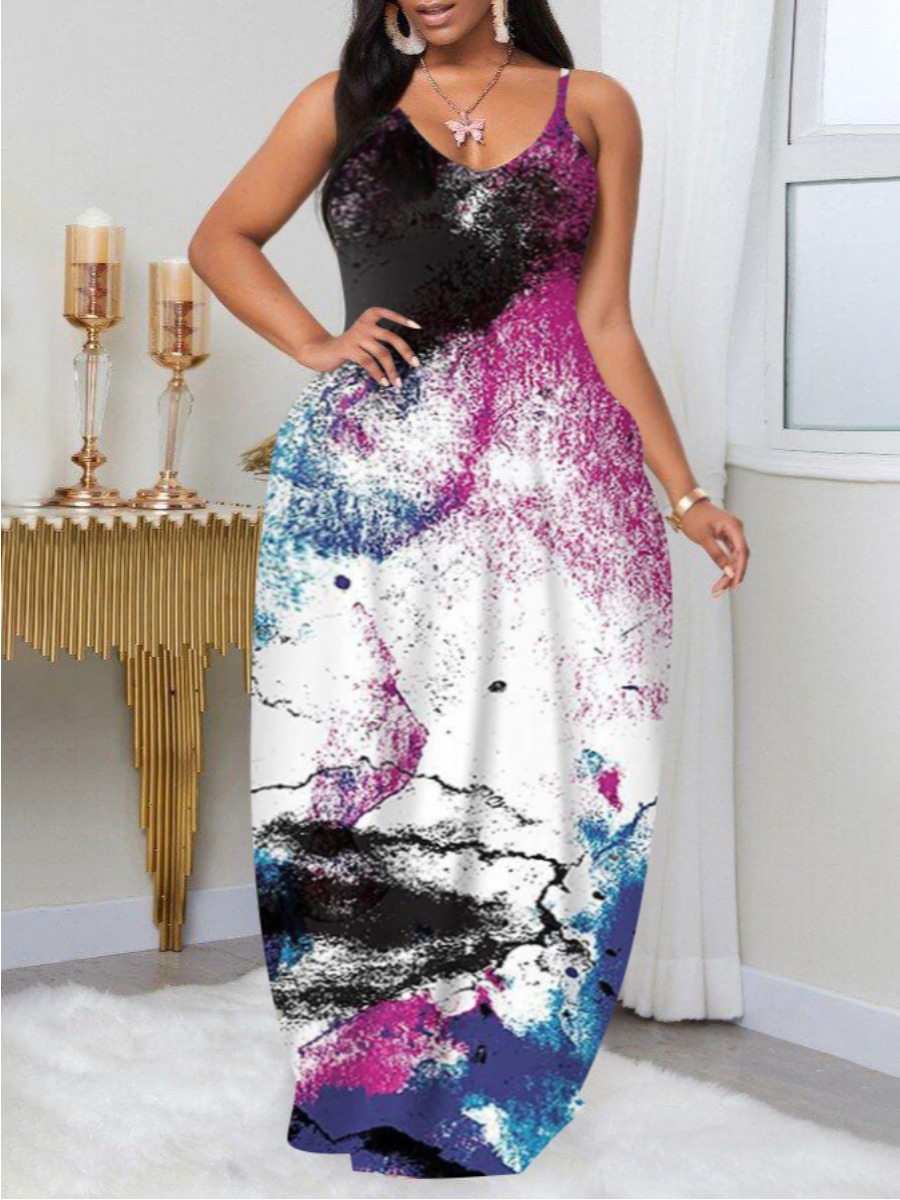 

Lovely Plus Size Boho V Neck Tie-dye Multicolor Floor Length Dress, Multi