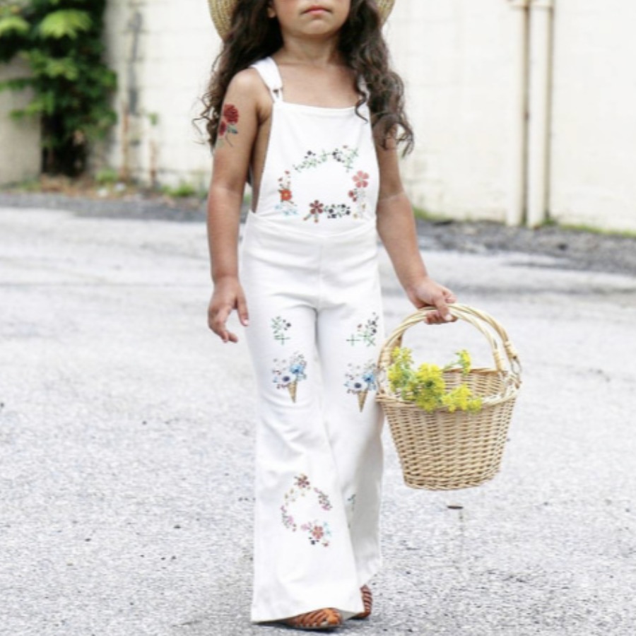 

Lovely Girl Street Floral Print Flared Overall White Two Piece Pants Set
