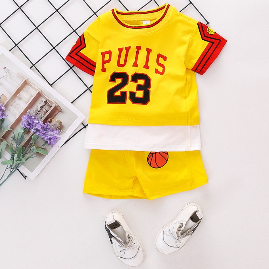 

Lovely Boy Sporty Letter Print Striped Yellow Two Piece Shorts Set