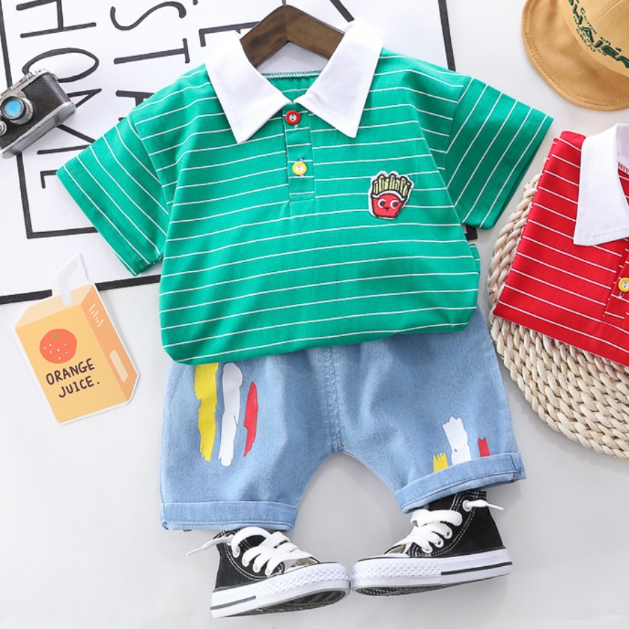 

Lovely Boy Casual Turndown Collar Striped Green Two Piece Shorts Set