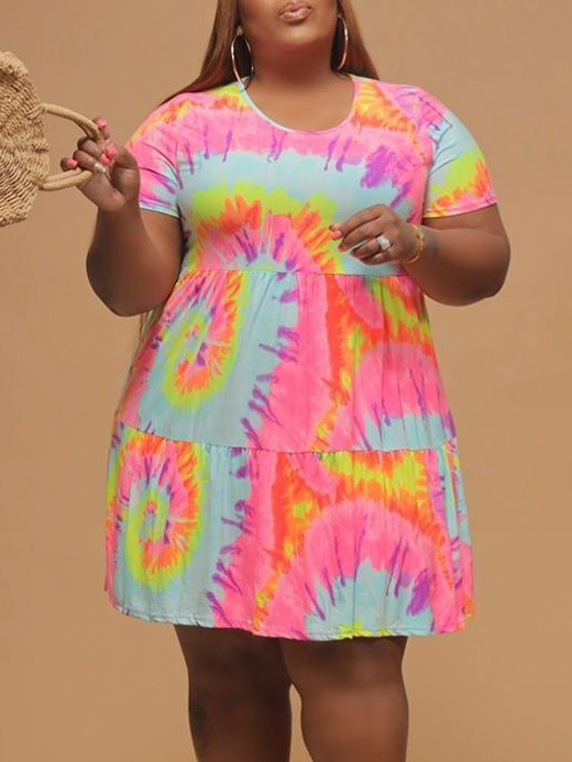 

Lovely Plus Size Casual O Neck Tie-dye Multicolor Knee Length Dress, Multi