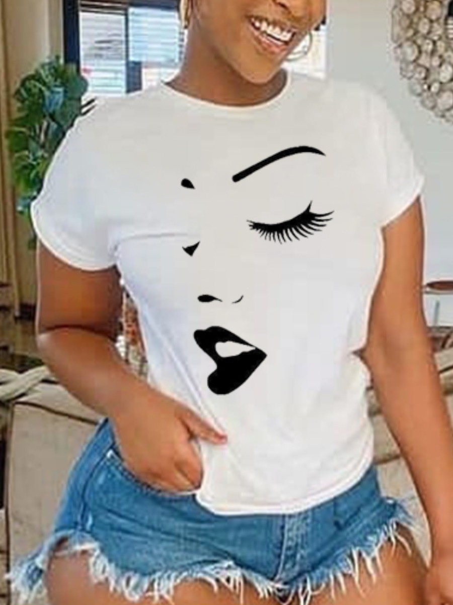 

Lovely Casual O Neck Lip Print White T-shirt