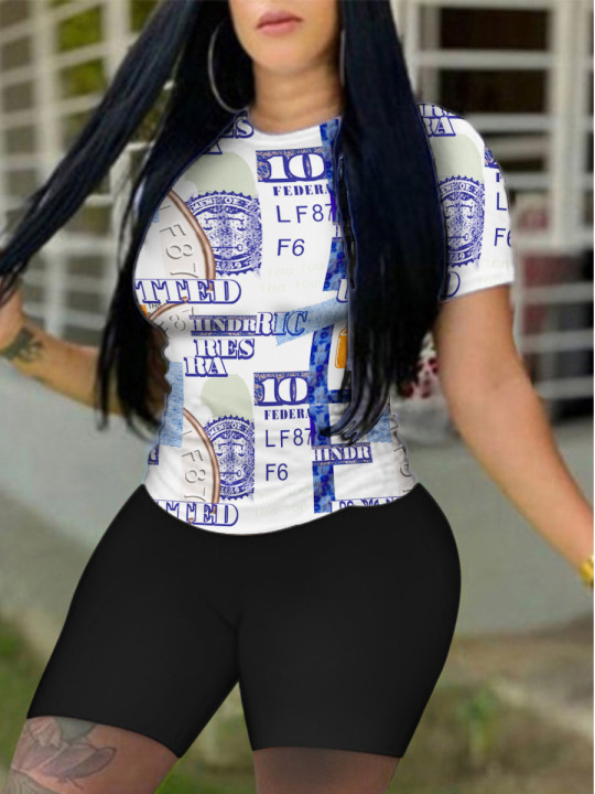 

Lovely Plus Size Casual O Neck Letter Print White Two-piece Shorts Set