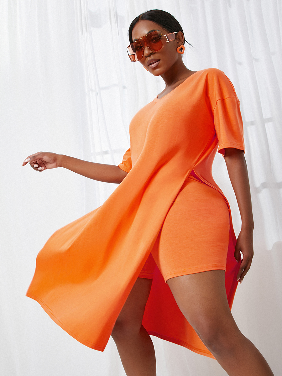 

Lovely Cotton Material Series Casual V Neck Split Orange Two Piece Shorts Set