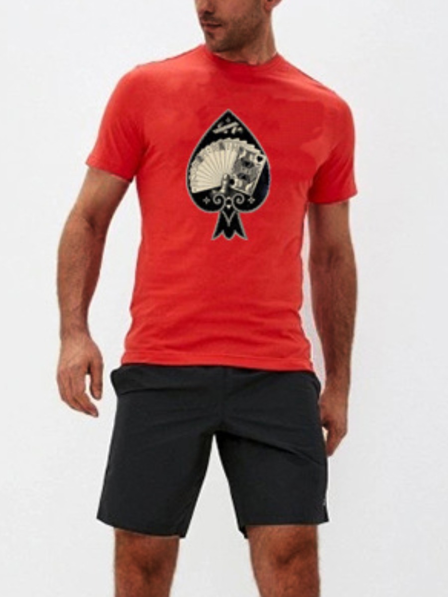 

Lovely Men Casual O Neck Poker Print Red Two Piece Shorts Set