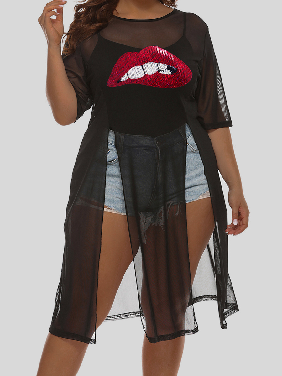 

Lovely Plus Size Boho Lip Print See-through Split Black T-shirt
