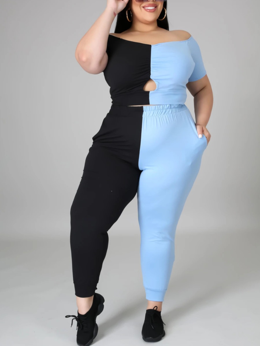 

Lovely Plus Size Casual Off The Shoulder Color-lump Blue Two-piece Pants Set