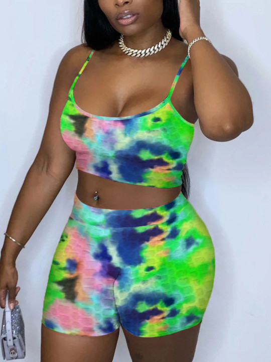 

Lovely Plus Size Casual Spaghetti Strap Tie-dye Green Two-piece Shorts Set