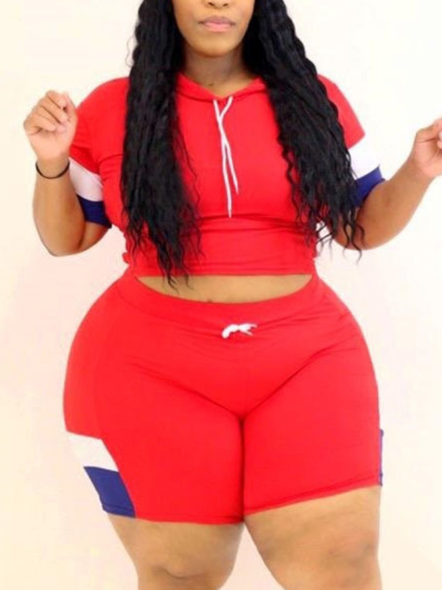 

Lovely Plus Size Sporty Hooded Collar Color-lump Red Two-piece Shorts Set
