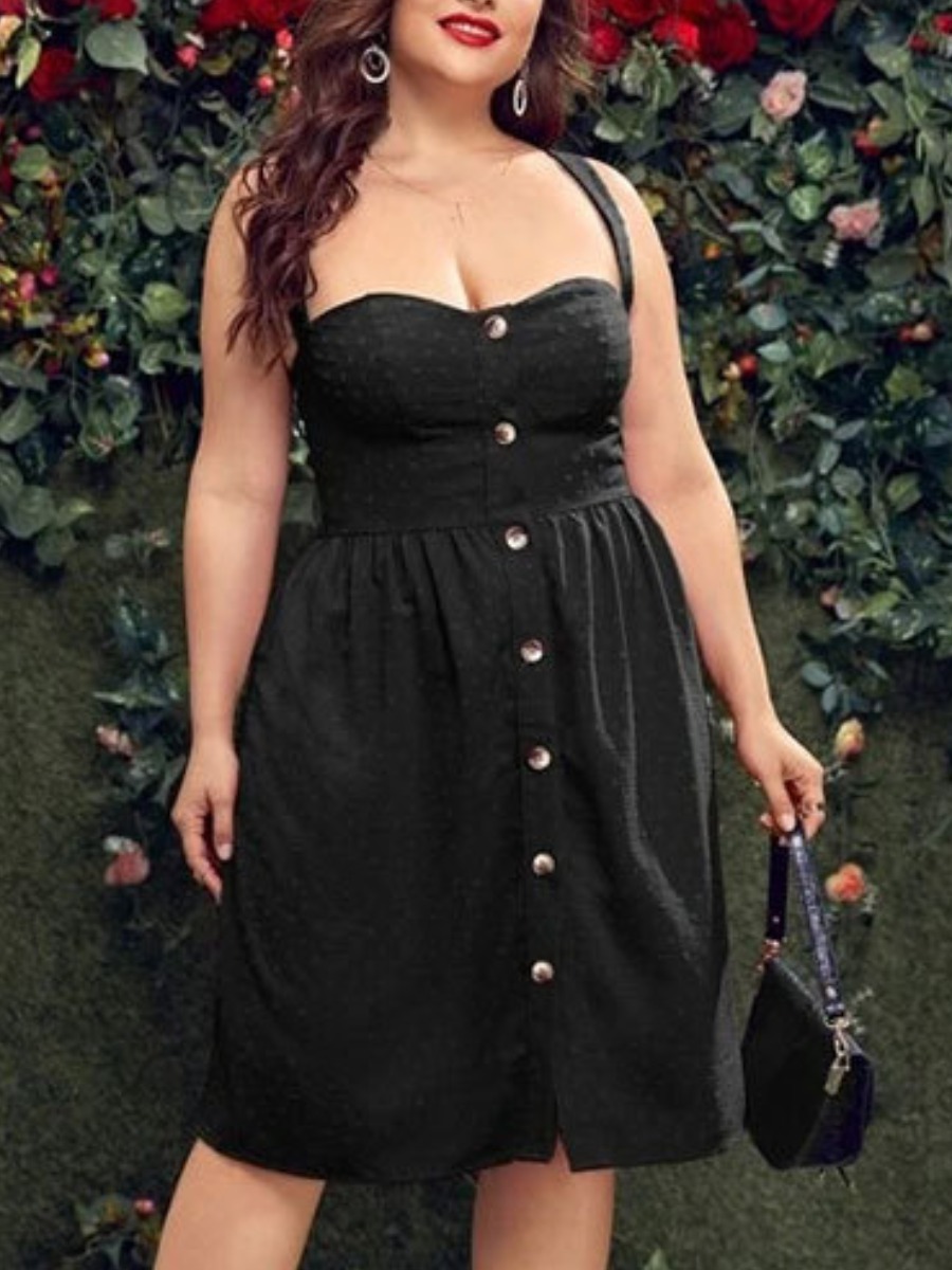

LW Plus Size Button Design Black Knee Length A Line Dress