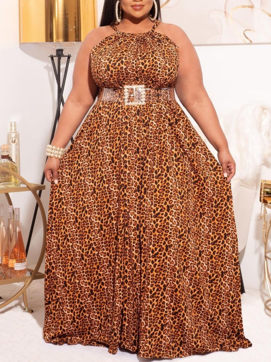 

Lovely Plus Size Boho Backless Leopard Print Trailing A Line Dress
