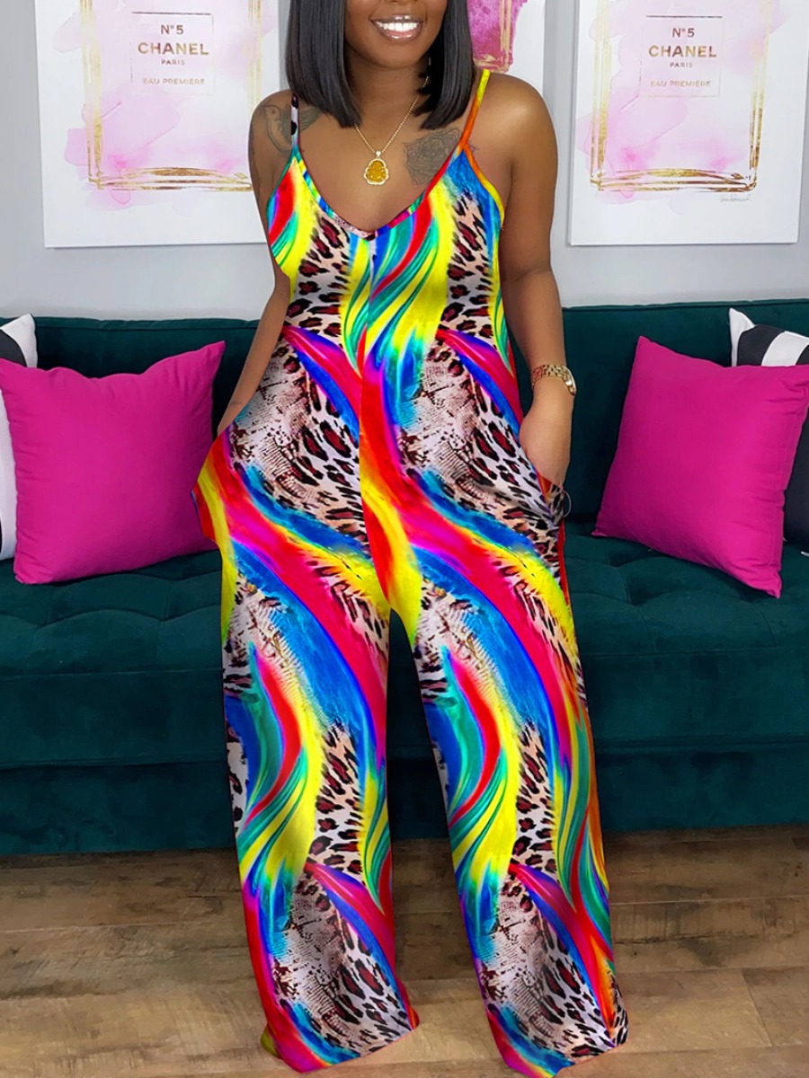 

LW Casual V Neck Animal Print Multicolor One-piece Jumpsuit, Multi