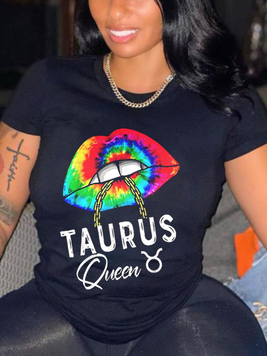 

Lovely Plus Size Casual Lip Letter Print Black T-shirt