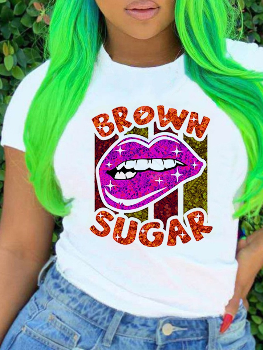 

Lovely Plus Size Casual Lip Letter Print White T-shirt