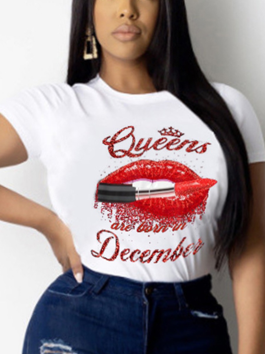 

Lovely Plus Size Casual Lip Letter Print White T-shirt
