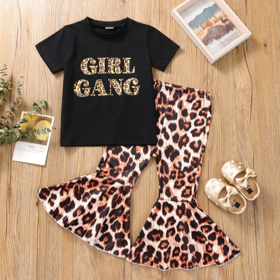 

LW COTTON Girl Casual Letter Leopard Print Black Two Piece Pants Set