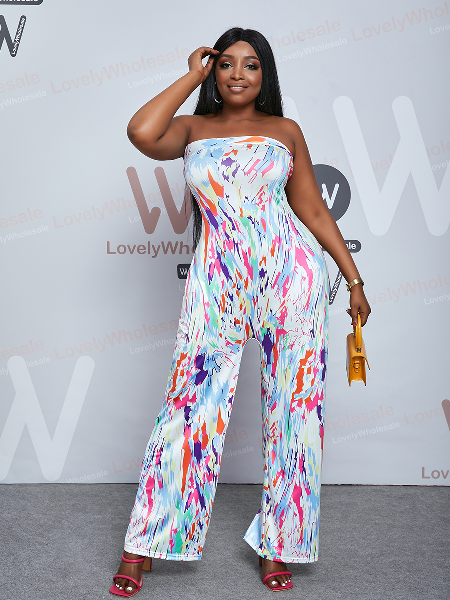 

Lovely Plus Size Street Off The Shoulder Print Multicolor One-piece Jumpsuit, Multi