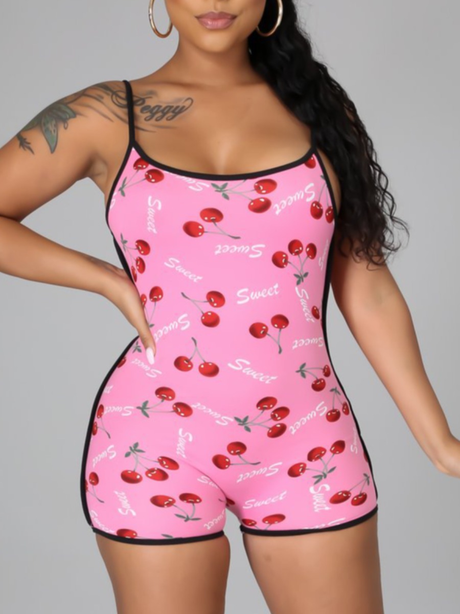 Lovely Fruit Letter Print Pink Romper