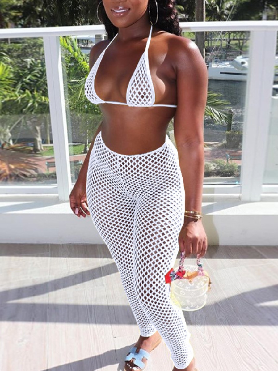 

Lovely Boho High-waisted Hollow-out Clear Lucite Three-piece Pants Set