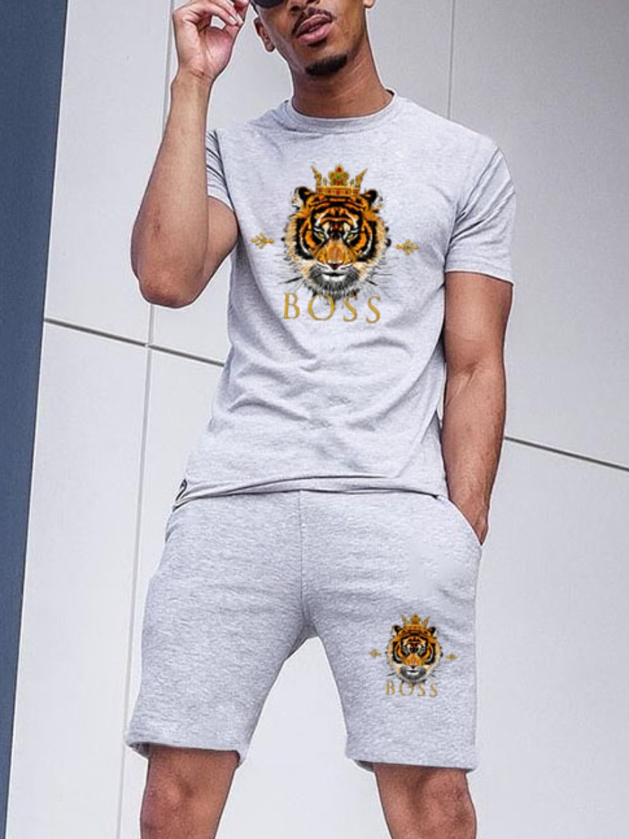 

Lovely Men Casual Animal Letter Print Grey Two Piece Shorts Set