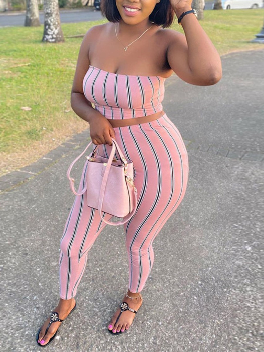 

Lovely Casual Off The Shoulder Striped Pink Two Piece Pants Set
