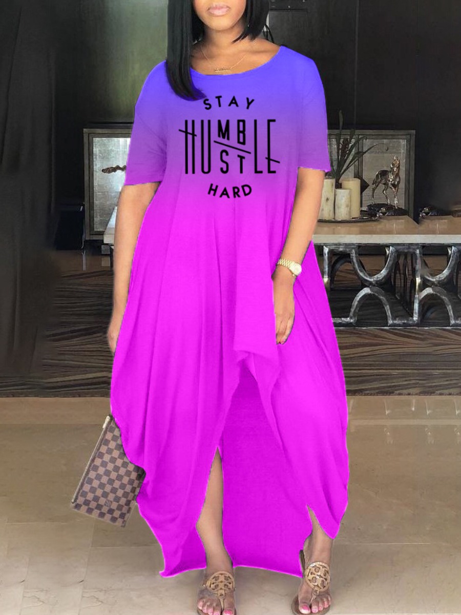 

LW Street Gradient Letter Print Purple Ankle Length Asymmetrical Dress