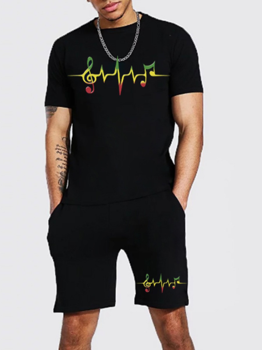 

Lovely Men Casual O Neck Print Drawstring Black Two Piece Shorts Set