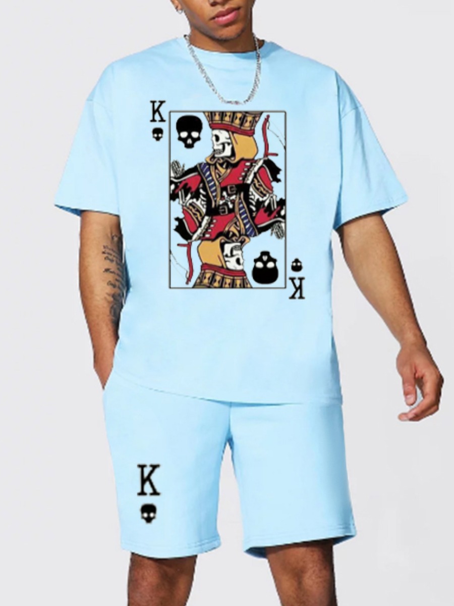

Lovely Men Casual Poker Letter Print Canal Blue Two Piece Shorts Set