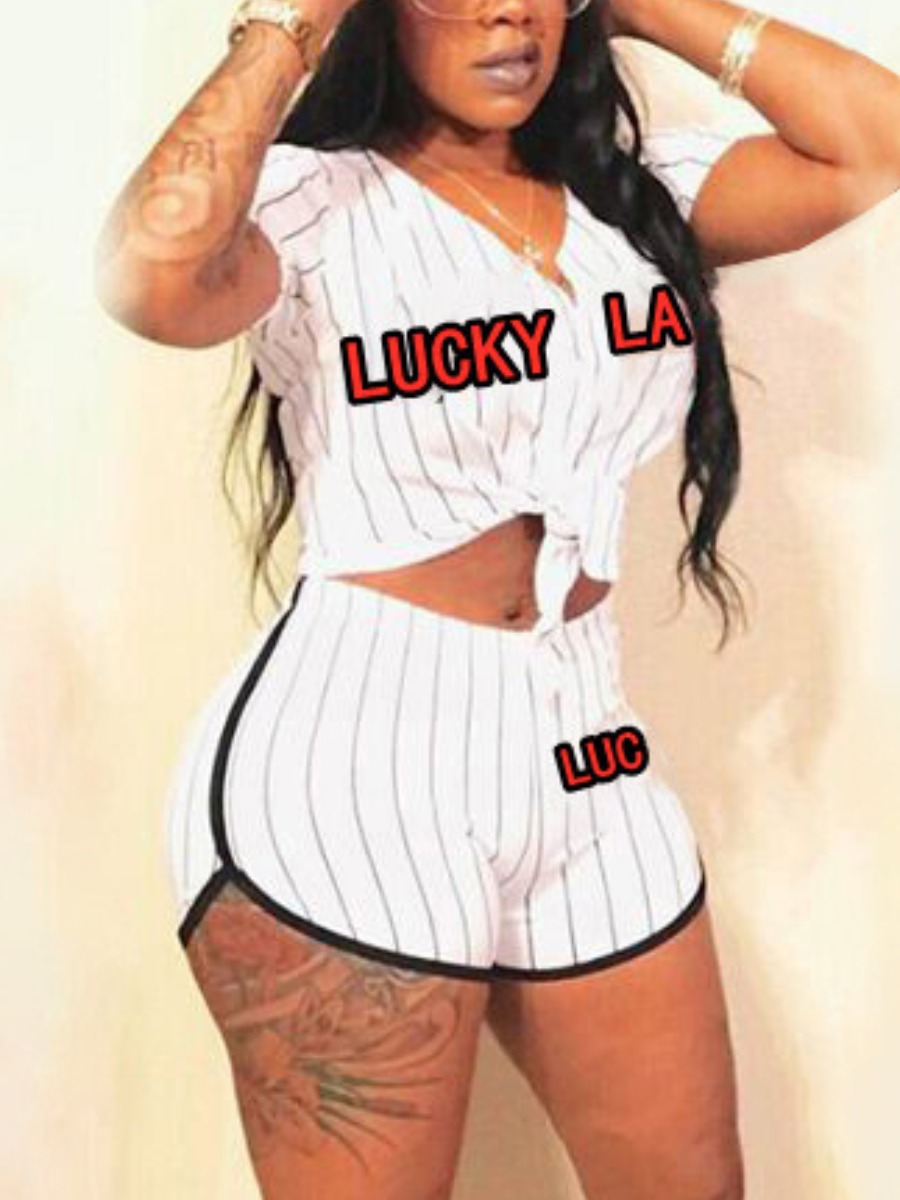 

Lovely Sporty Striped Letter Print White Active Two Piece Shorts Set