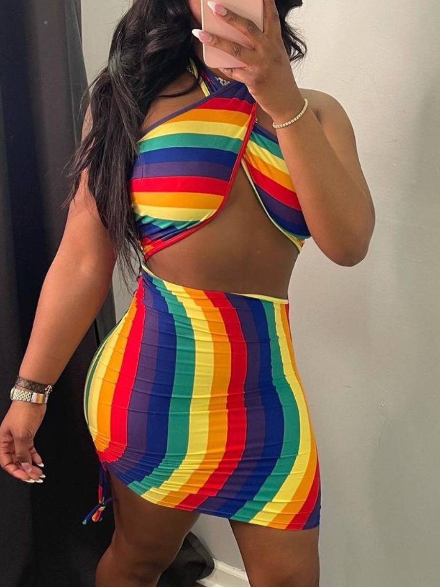 

Lovely Sexy Rainbow Striped Hollow-out Drawstring Multicolor Mini Dress, Multicolor mstn