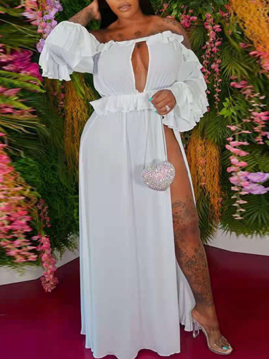 

Lovely Boho Off The Shoulder Flounce Design Split White Ankle Length Dress