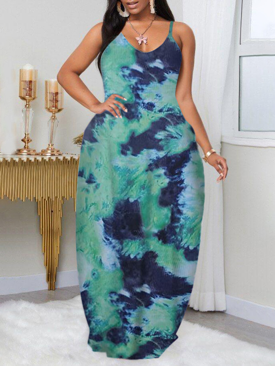 

Lovely Plus Size Boho V Neck Tie-dye Green Floor Length Dress