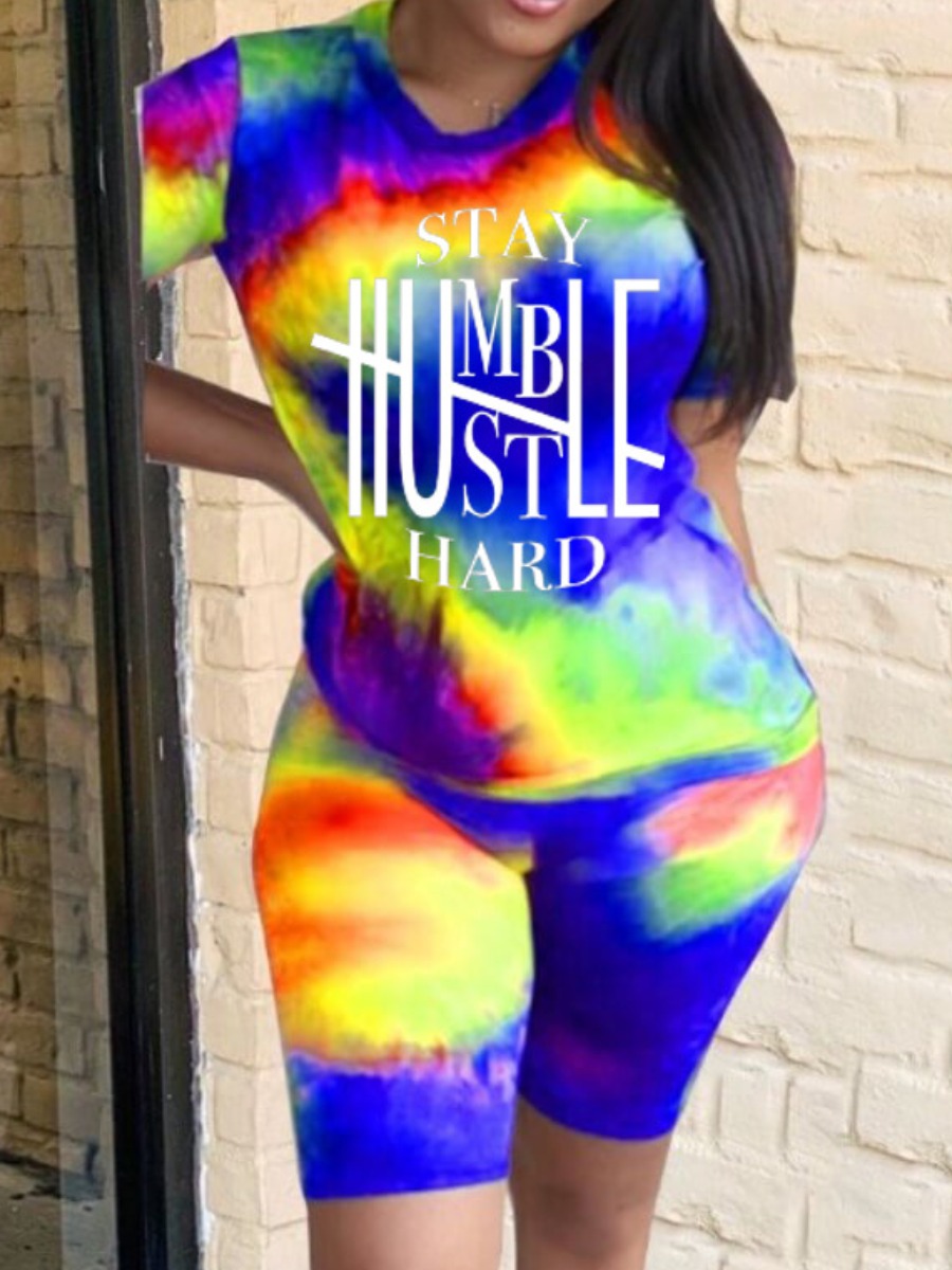 

Lovely Street Tie Dye Letter Print Blue Two Piece Shorts Set