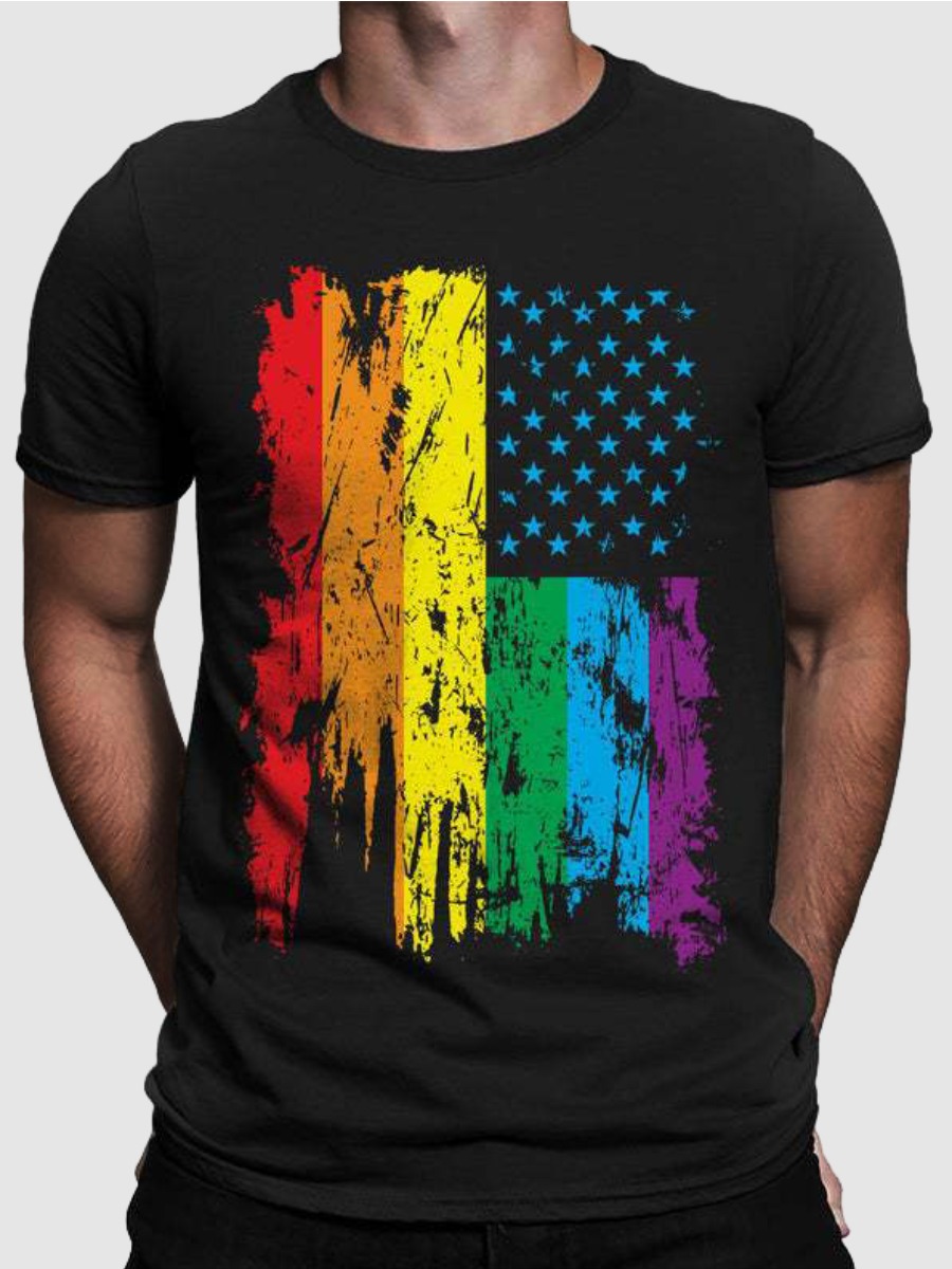

Lovely Polyester Casual Mixed printing Regular sleeve Letter Regular Short Sleeve Round Neck Independence Day Positioning Print T, Black